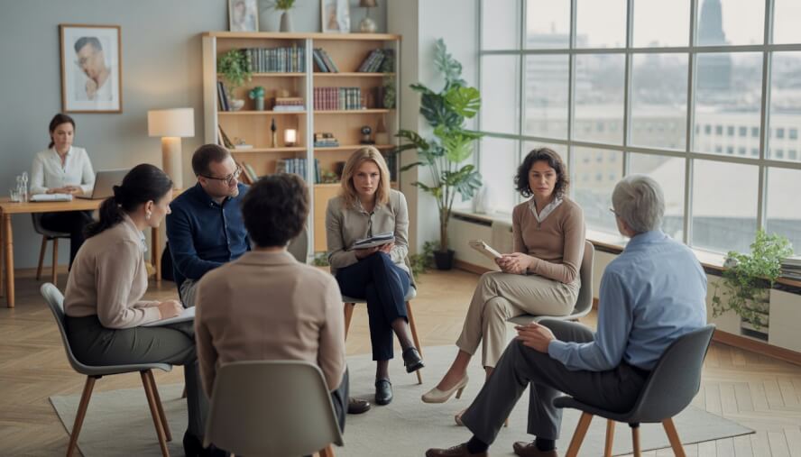 A group of adults in a therapy session with a therapist in a bright, comfortable room, with another therapist meeting individually with a client in the background.