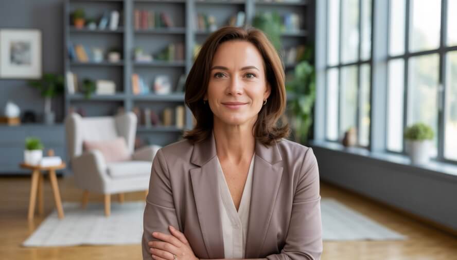 A female therapist sitting in a modern office with bookshelves and natural light, looking warm and approachable.