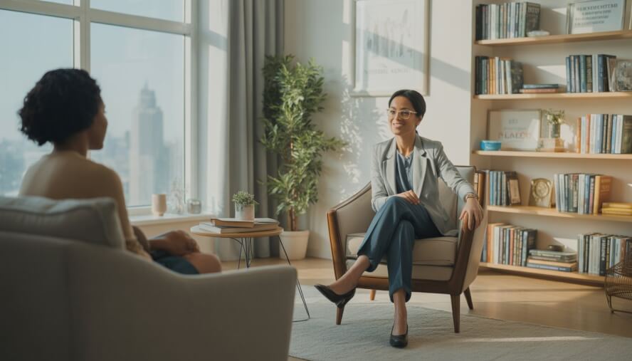 A therapist sitting in a comfortable chair in a bright, modern therapy room with bookshelves and plants, creating a welcoming atmosphere.
