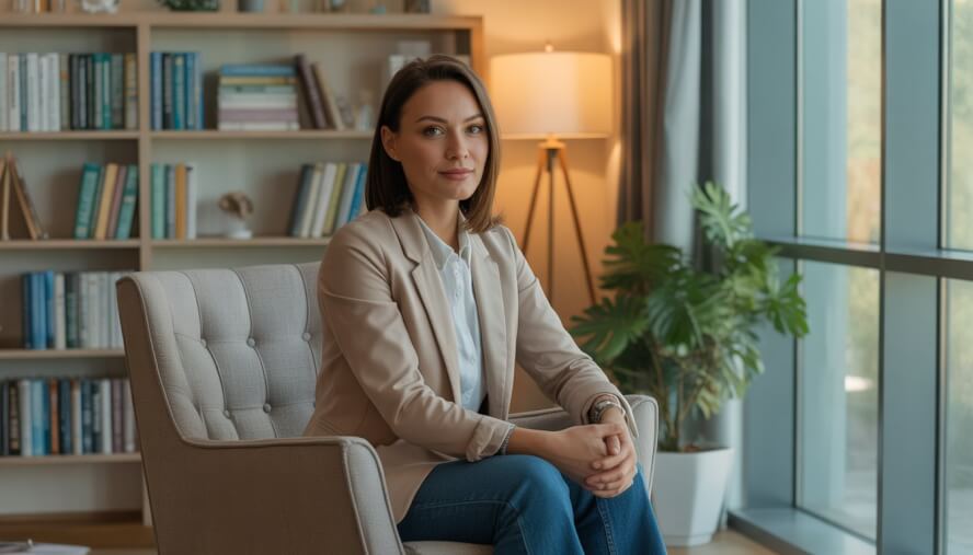 A female therapist sitting in a comfortable chair in a modern office with bookshelves and natural light.