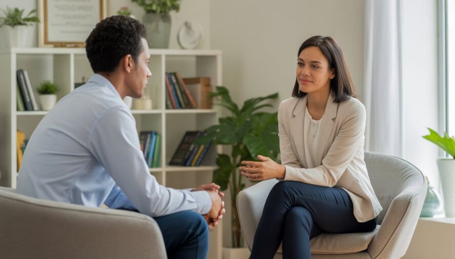 A therapist and an adult client having a supportive conversation in a bright, modern counseling office.