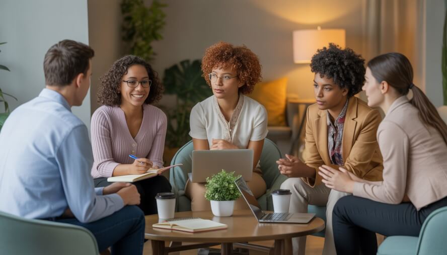 A diverse group of adult therapists having a discussion in a modern therapy office.
