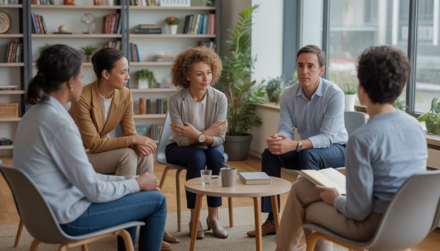 A diverse group of adults participates in a supportive group therapy session with a therapist in a bright, comfortable room.
