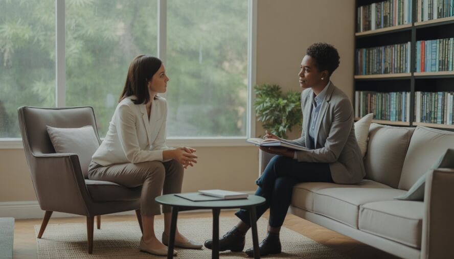 A therapist attentively listening to an adult client in a comfortable, modern therapy room with natural light and bookshelves.