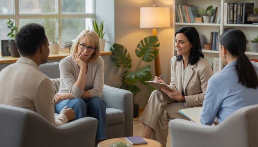 A therapist and an adult client engaged in a supportive counseling session in a bright, comfortable office.