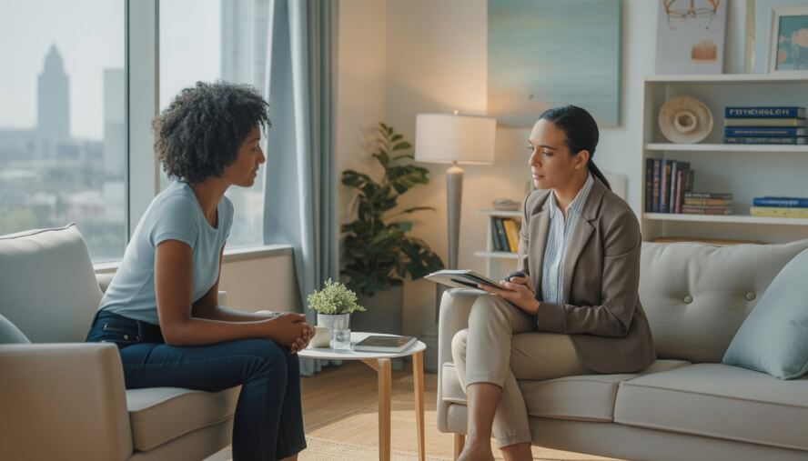 A therapist and an adult client having a supportive conversation in a bright, comfortable therapy office with a window showing a city view.