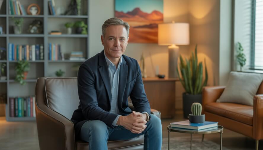 A middle-aged male therapist sitting in a comfortable office with bookshelves, plants, and soft natural light.