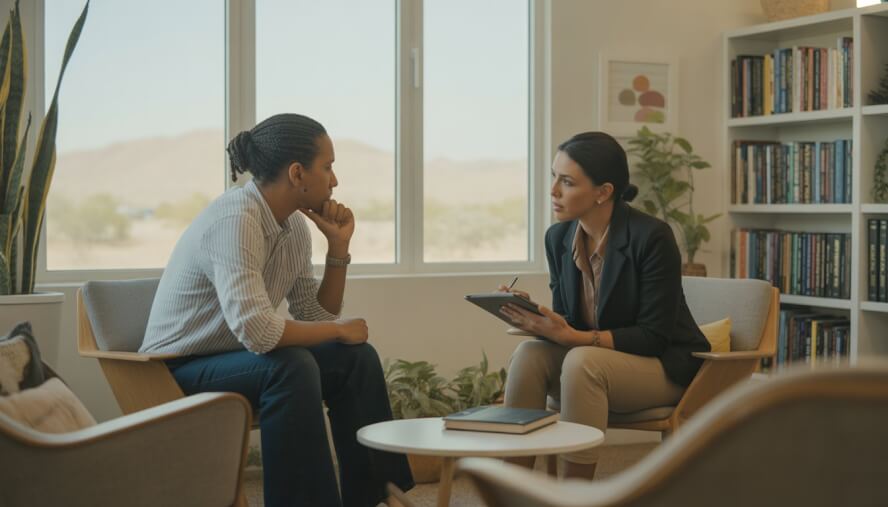 A therapist attentively listens to a client during a counseling session in a bright office with large windows and plants.