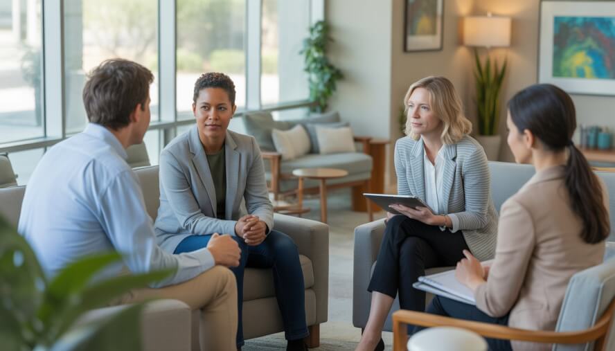 A therapist and an adult client having a calm conversation in a bright, modern clinic reception area with comfortable seating and natural light.