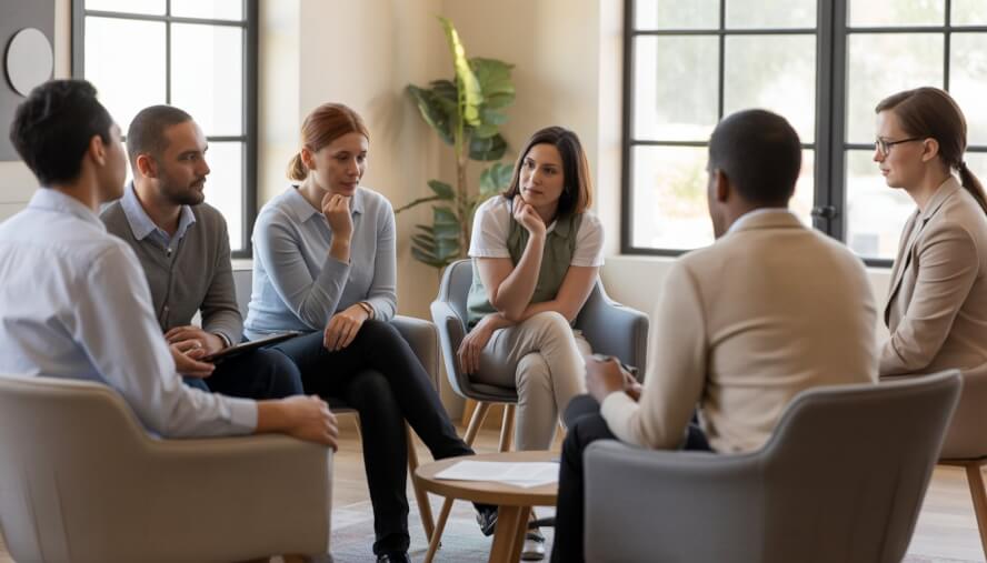 A diverse group of adults in a calm therapy session with a therapist in a bright, modern office.