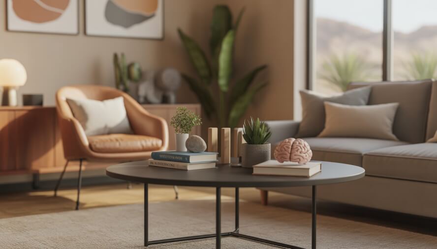 A calm therapy office with comfortable seating, natural light, and decor suggesting psychological and mind-body wellness, with a window showing a desert landscape.
