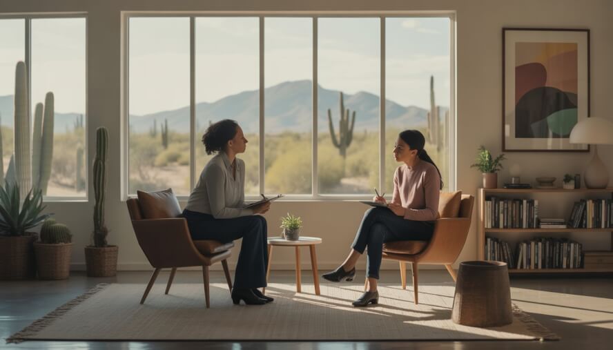 A therapist and an adult client having a focused conversation in a bright office with desert scenery visible through large windows.