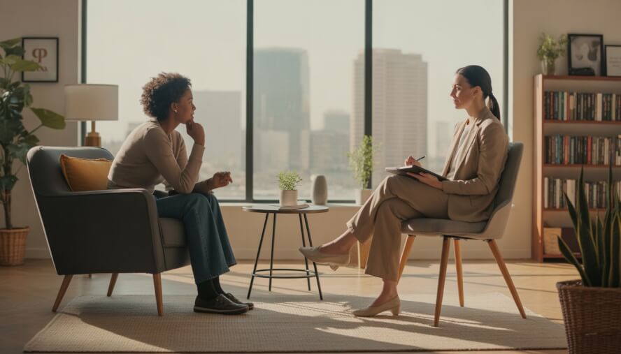 An adult client and therapist engaged in a calm therapy session in a bright, comfortable counseling office.