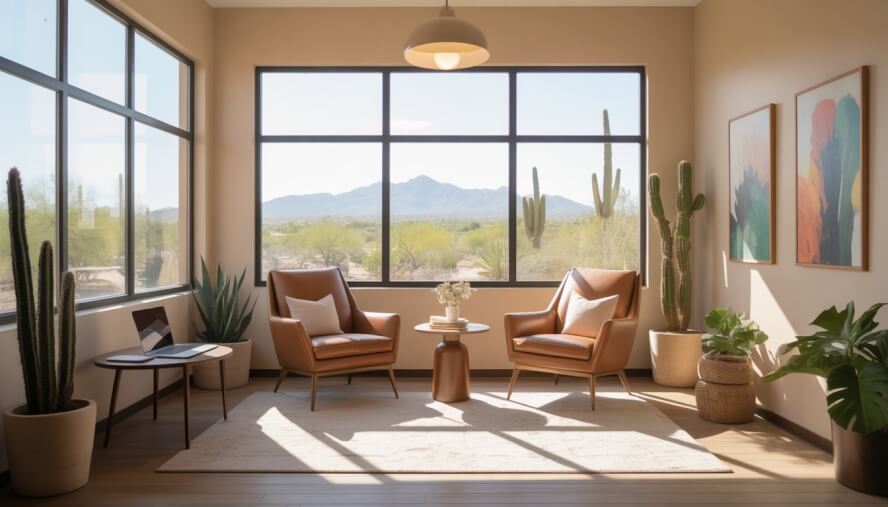 A bright therapy office with two chairs and a table near large windows showing a desert landscape outside.
