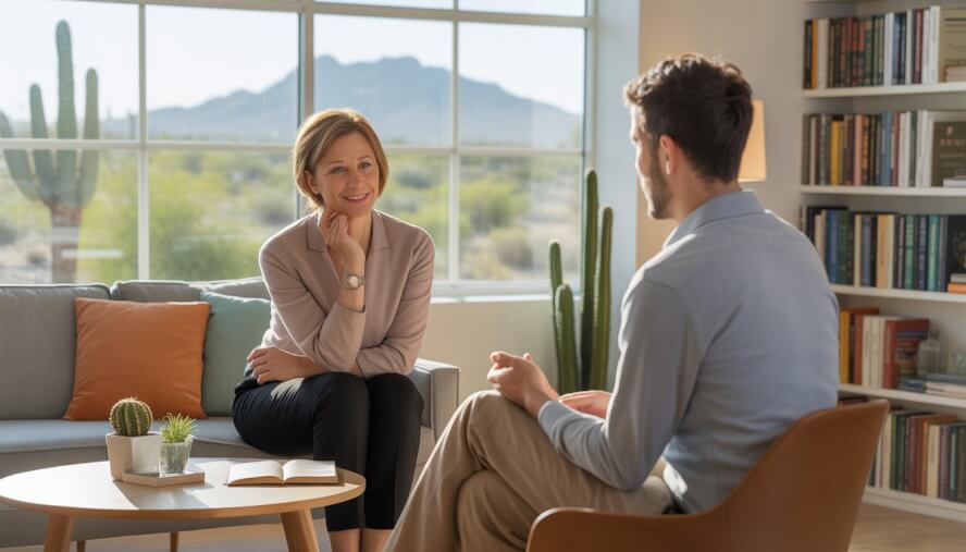 A therapist and an adult client having a conversation in a bright office with windows showing a desert landscape.