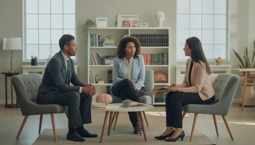 Three therapists talking with a thoughtful adult client in a bright, modern office.