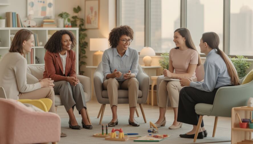 A group of diverse therapists in a bright therapy office with comfortable seating and a small play area, engaging in a supportive conversation.