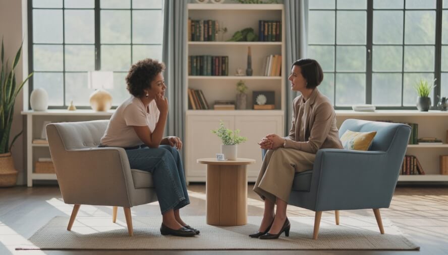 A therapist and an adult client engaged in a supportive therapy session in a bright, comfortable office.