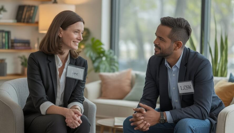 Two therapists in a warm, modern office having a professional conversation.