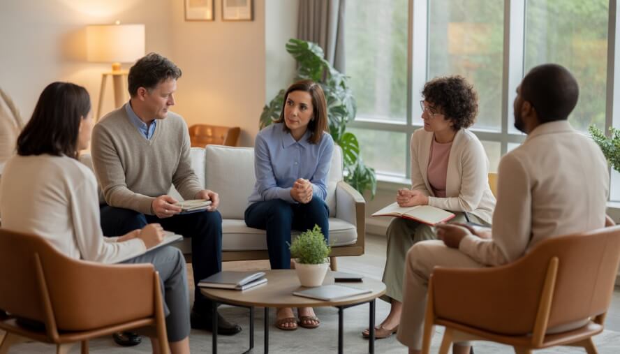 A group of counselors and therapists talking with two clients in a bright, comfortable therapy office.