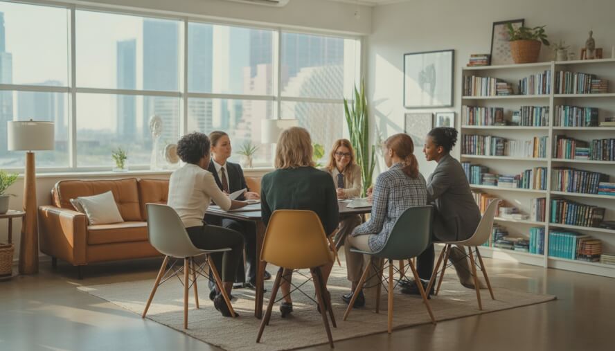 A group of adult therapists having a focused discussion in a bright, modern therapy office with large windows and plants.