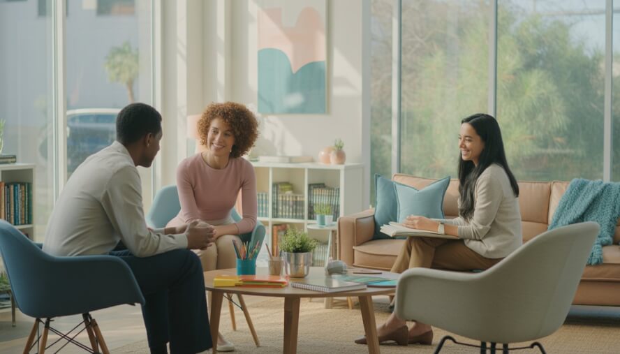 Two therapists and an adult client having a supportive conversation in a bright, comfortable therapy office with natural light and plants.