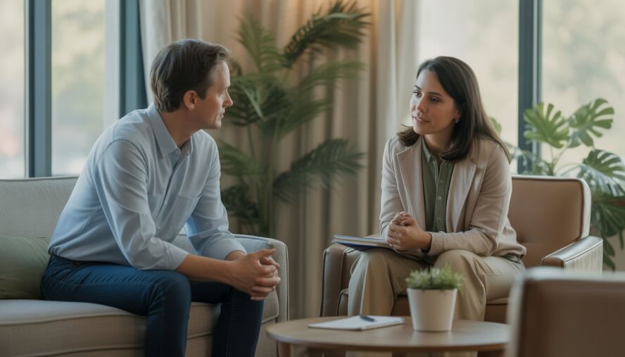 A therapist and a client engaged in a counseling session in a bright, comfortable office with natural light and plants.