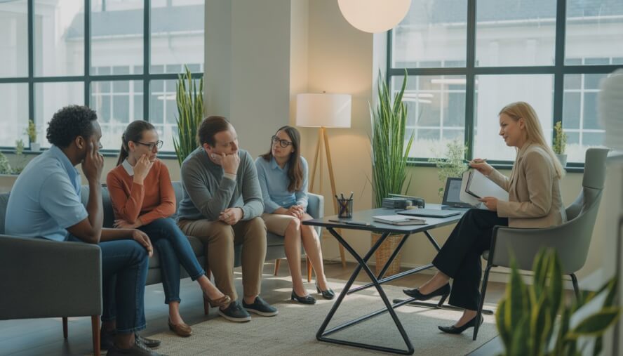 A therapist working with a group of adults in a bright, modern therapy office with natural light and plants.