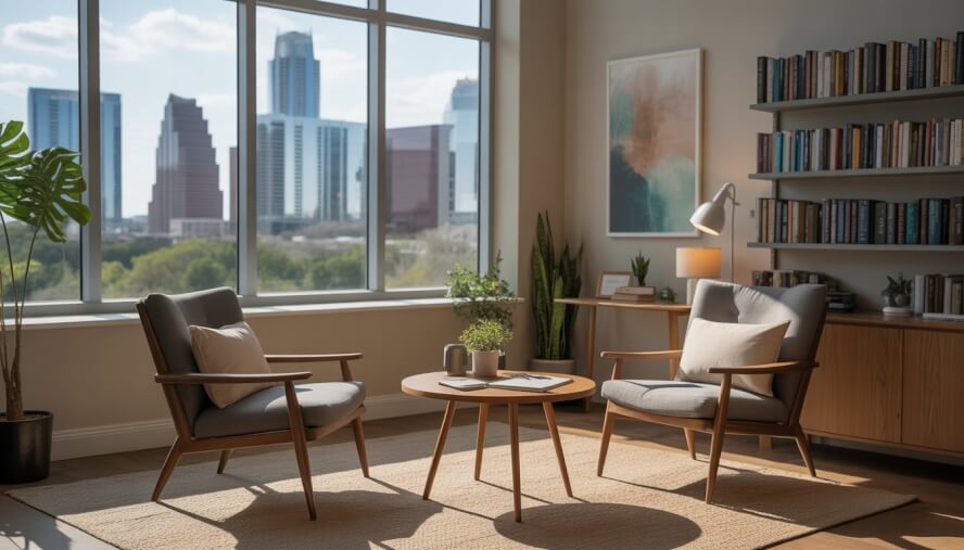 A bright therapy office with two chairs, a small table, plants, and a window showing Austin cityscape.