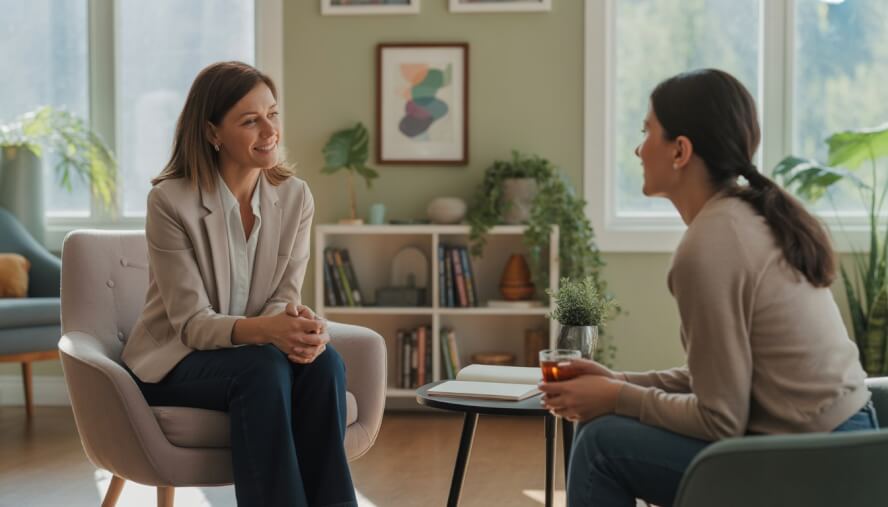 A female therapist attentively listening to a young adult client in a bright, comfortable therapy office with plants and books.