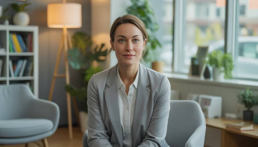 A female psychologist sitting in a cozy therapy office with bookshelves and plants, looking calm and approachable.