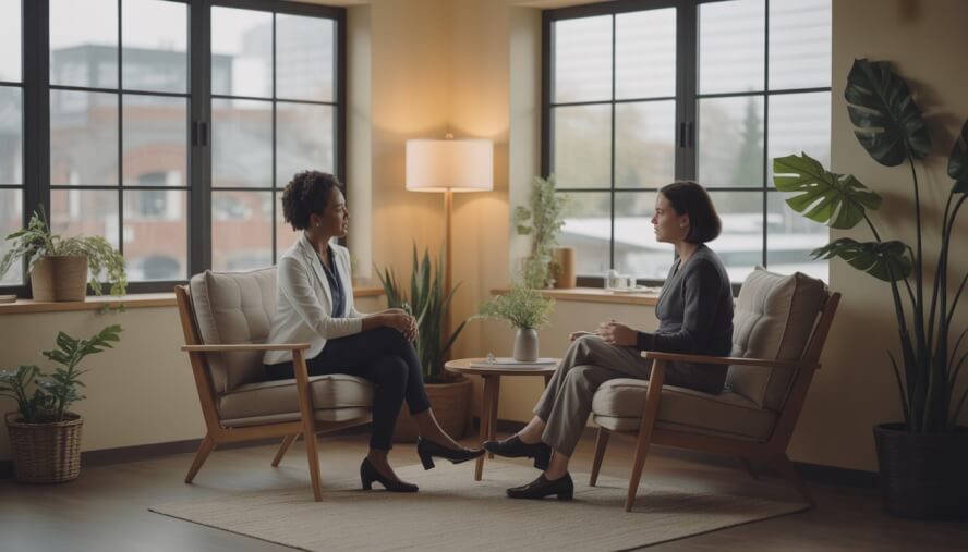 A nurse practitioner and an adult client having a supportive conversation in a bright, comfortable therapy room with plants and large windows.