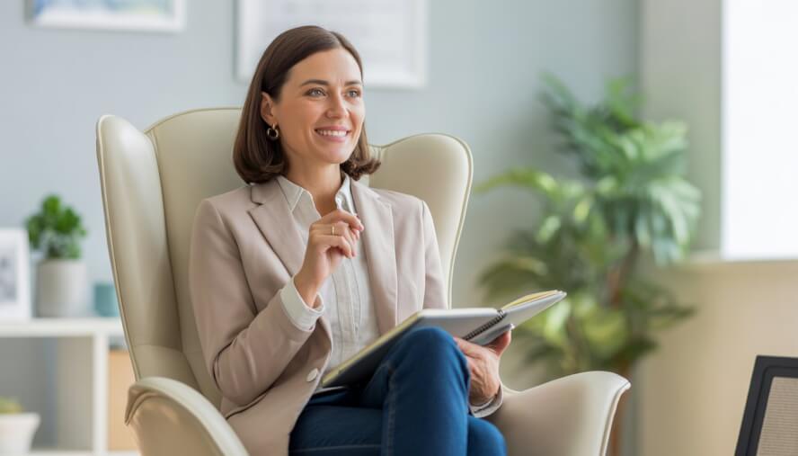 A female therapist sitting in a bright office, attentively listening and holding a notebook.