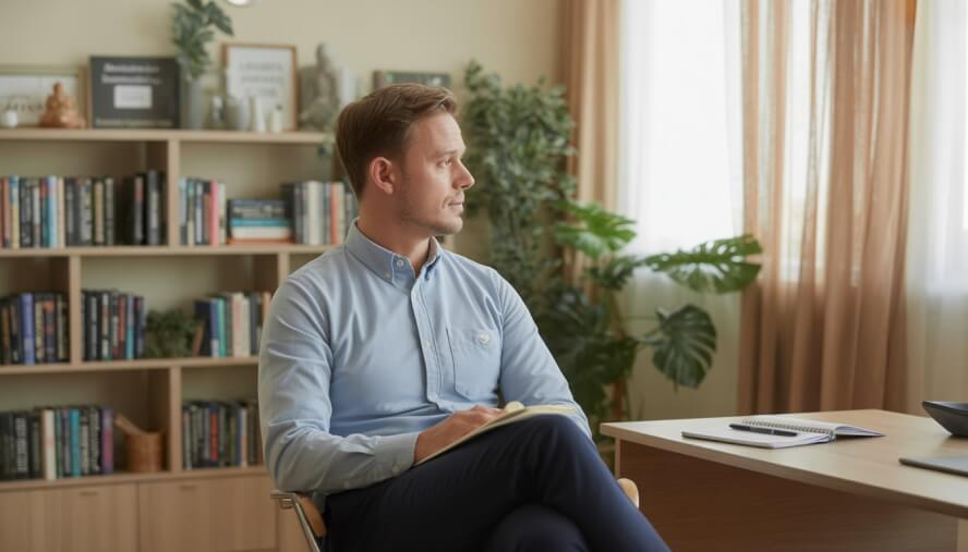 A male counselor sitting in a therapy office with bookshelves and plants in the background.