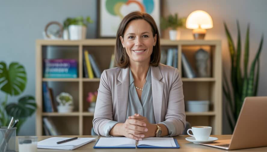 A female clinical psychologist sitting at her desk in a warmly lit office with bookshelves and plants in the background.