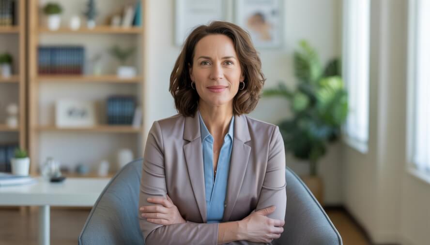 A female psychologist sitting in a bright, modern therapy office with bookshelves and a plant in the background.