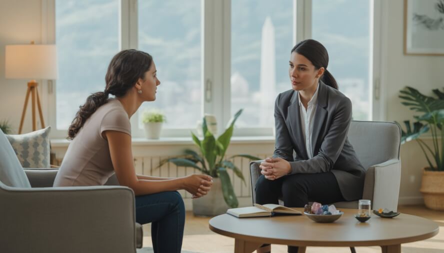A therapist and client having a conversation in a bright office with plants and a window showing a city view.