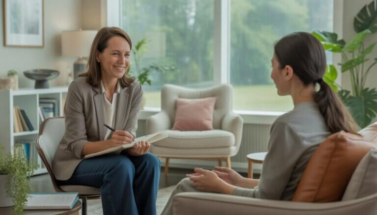 A holistic anxiety therapist and a client talking in a bright, cozy therapy office with plants and natural light.