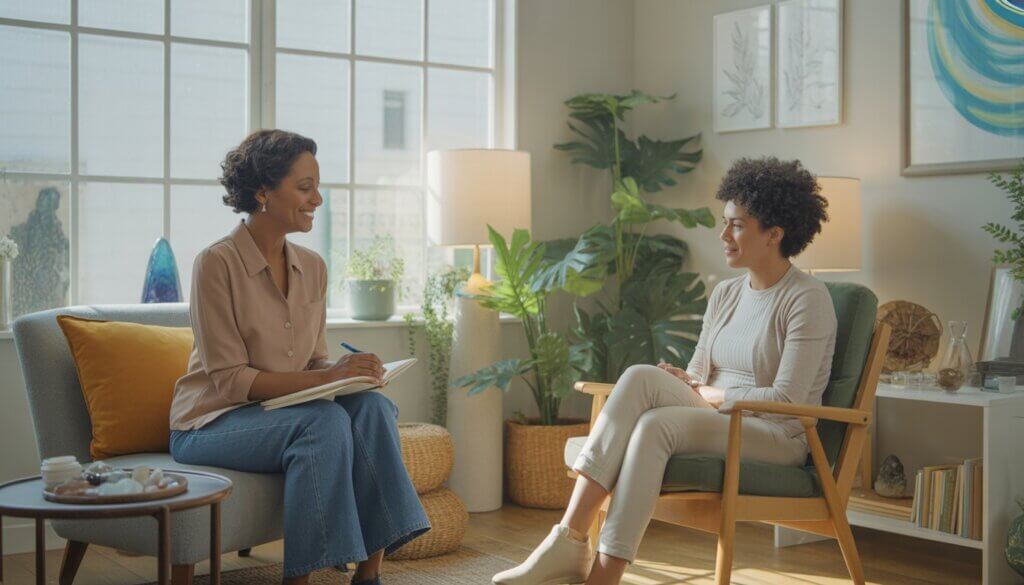 A therapist and client sitting in a bright therapy room with plants and calming decor, engaged in a supportive conversation.