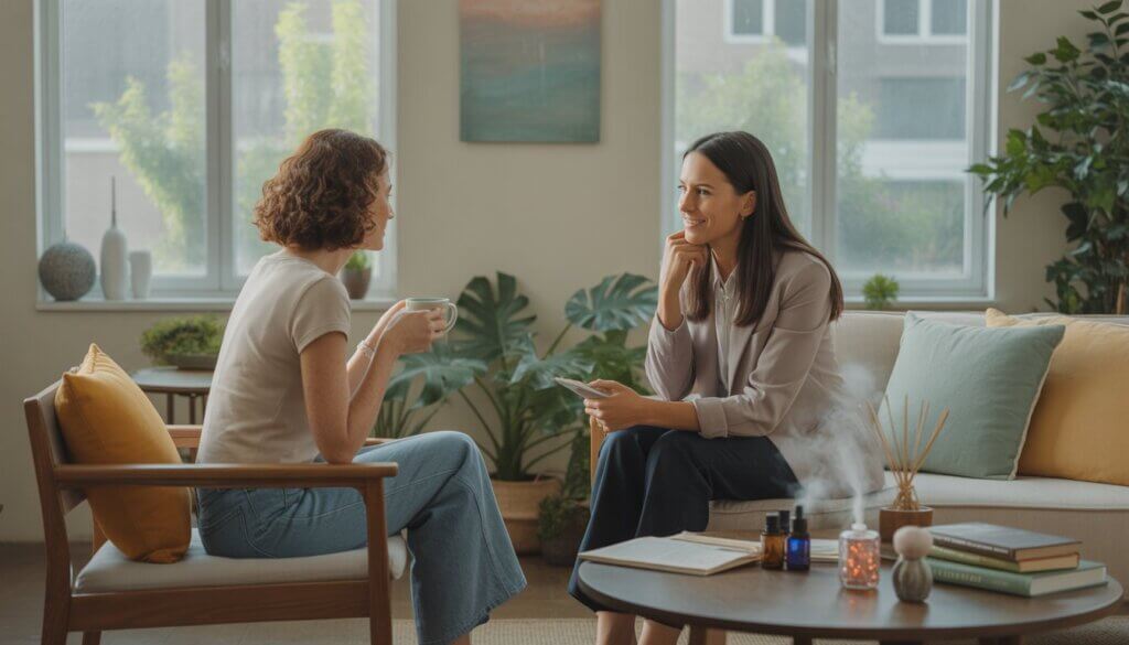 A therapist and client in a bright therapy room with plants and calming decor, engaged in a relaxed conversation.