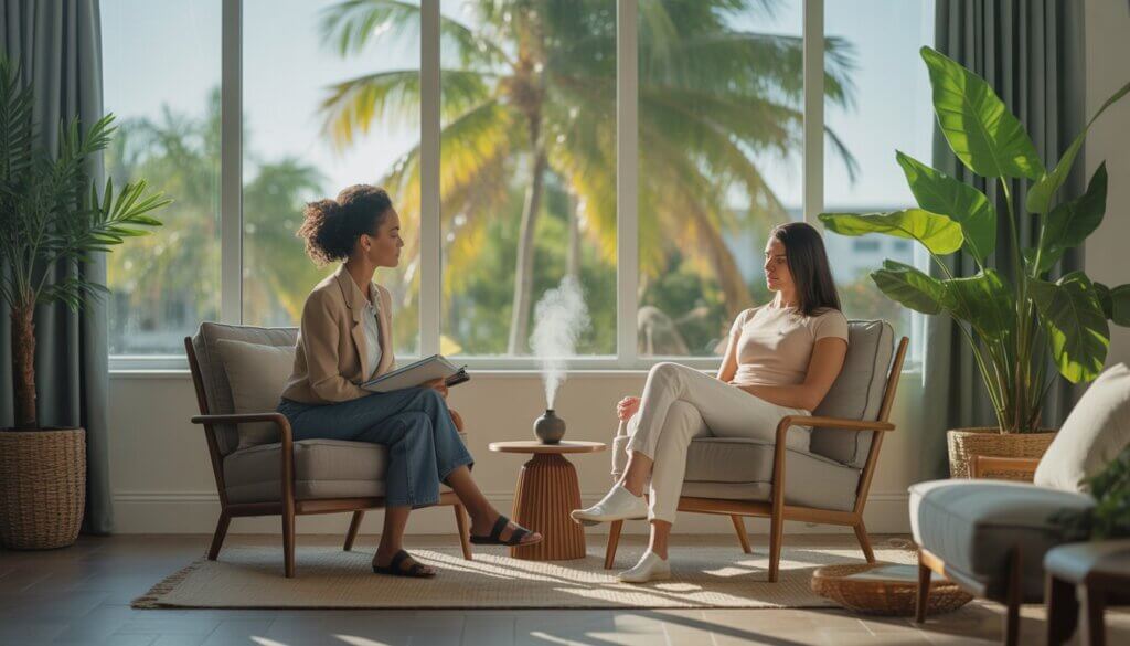 A therapist attentively listening to a client in a bright room with tropical plants and a view of palm trees outside.