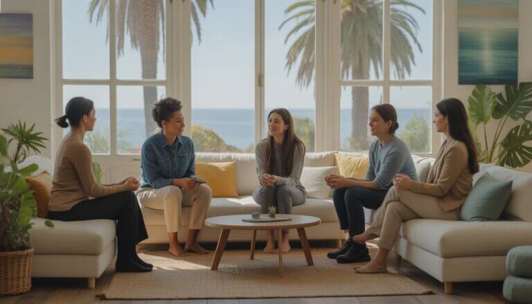 A bright therapy office near the ocean with therapists and clients engaged in a supportive conversation surrounded by plants and calming decor.