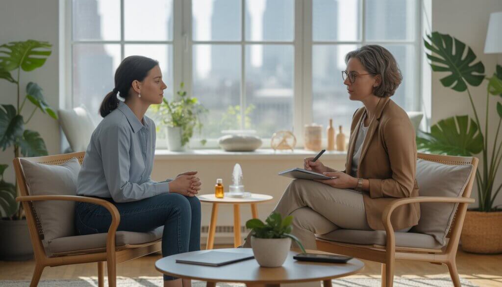 A therapist and client sitting in a bright therapy room with plants and a city view, engaged in a calm conversation.