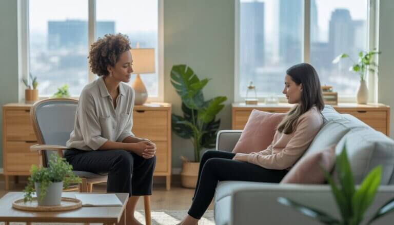 A therapist and client having a calm and supportive conversation in a bright, cozy therapy office with plants and a view of Minneapolis in the background.