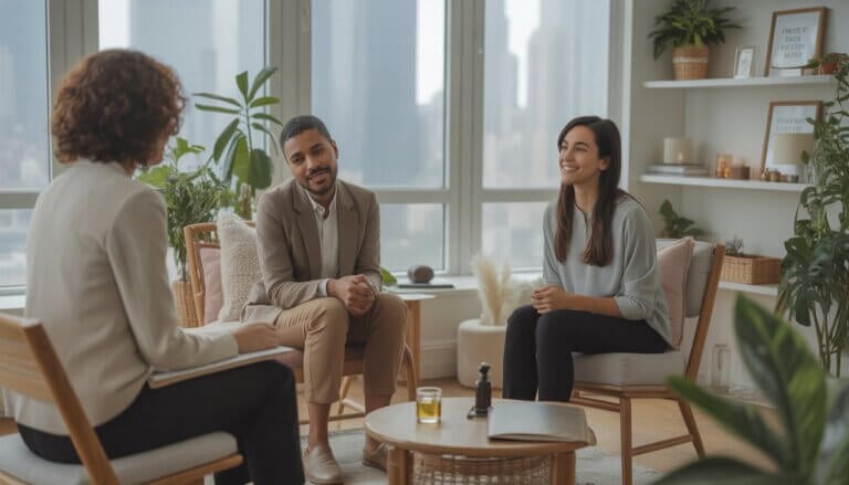 A therapist and client in a bright therapy office with plants and city view, engaged in a calm conversation.