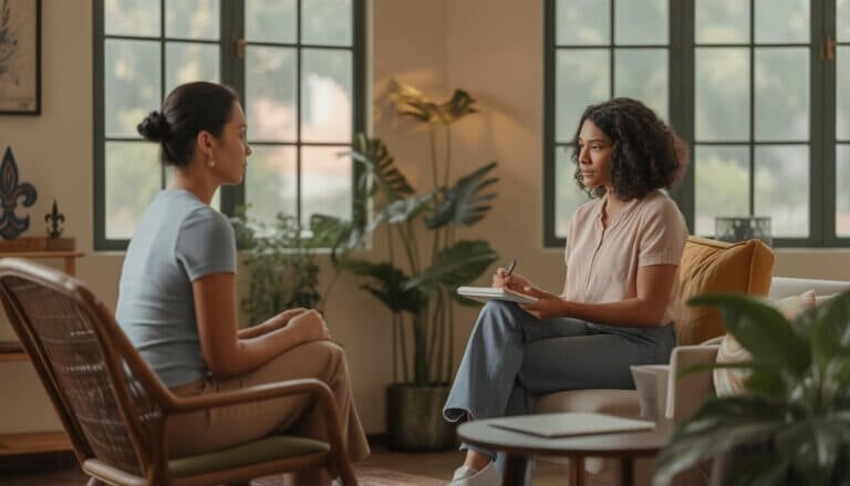 A therapist and client in a bright, comfortable therapy office with plants and warm lighting, engaged in a supportive conversation.