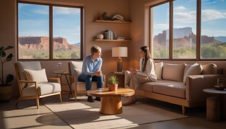 A therapist and client talking in a bright, comfortable therapy room with natural light and views of red rock formations outside.