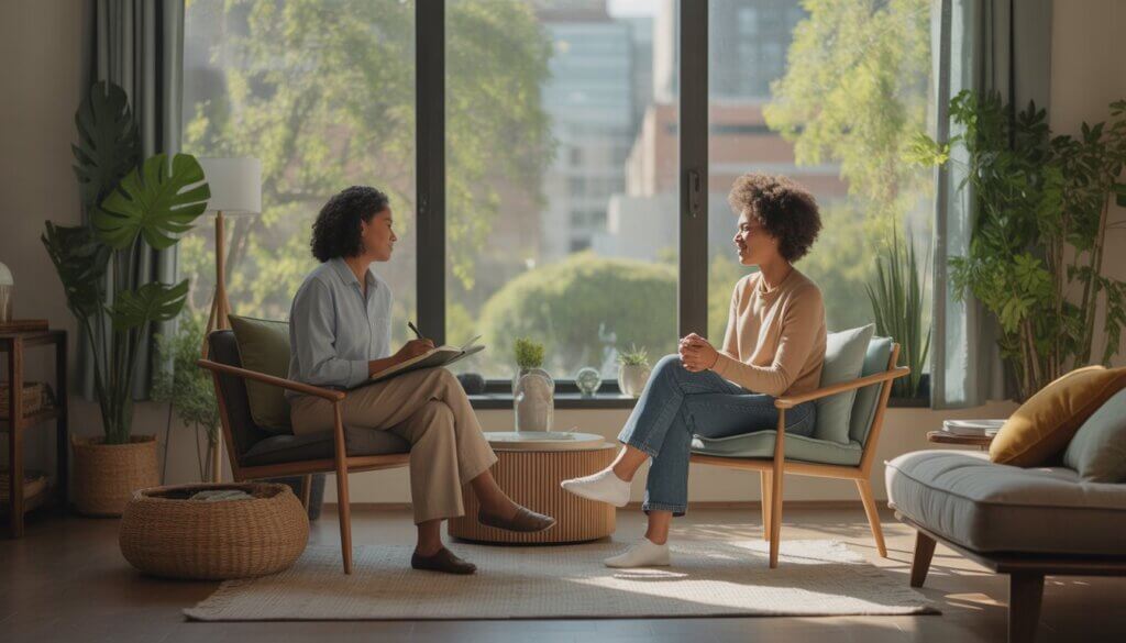 A therapist and client having a calm conversation in a bright therapy room with plants and a view of greenery outside.