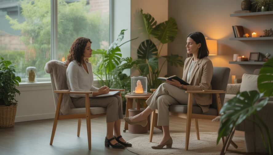 A therapist attentively listening to a client in a bright, calming therapy office with plants and warm decor.