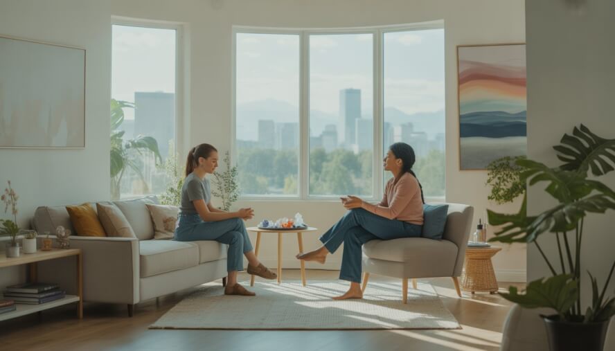 A therapist and client in a bright, plant-filled therapy room with a view of Denver mountains through large windows.